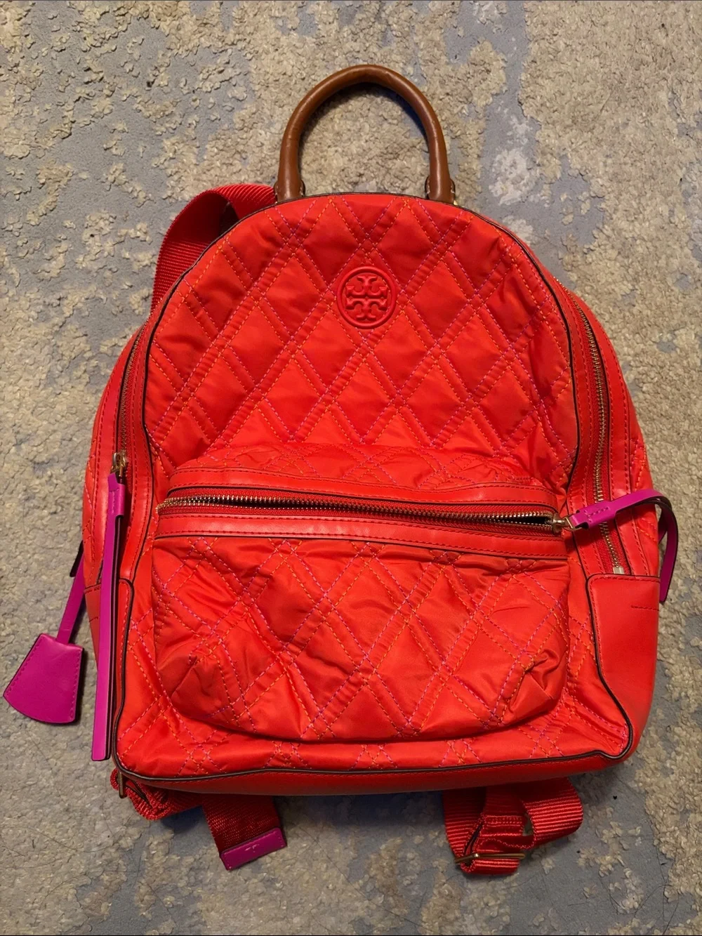 Tory Burch Quilted Red Nylon Backpack with Pink Accents